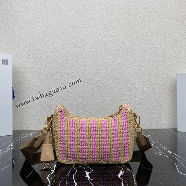 Prada專櫃新款拉菲草三合一女包 1BH204 普拉達純手工編織條紋系列肩背斜挎包 csp1574